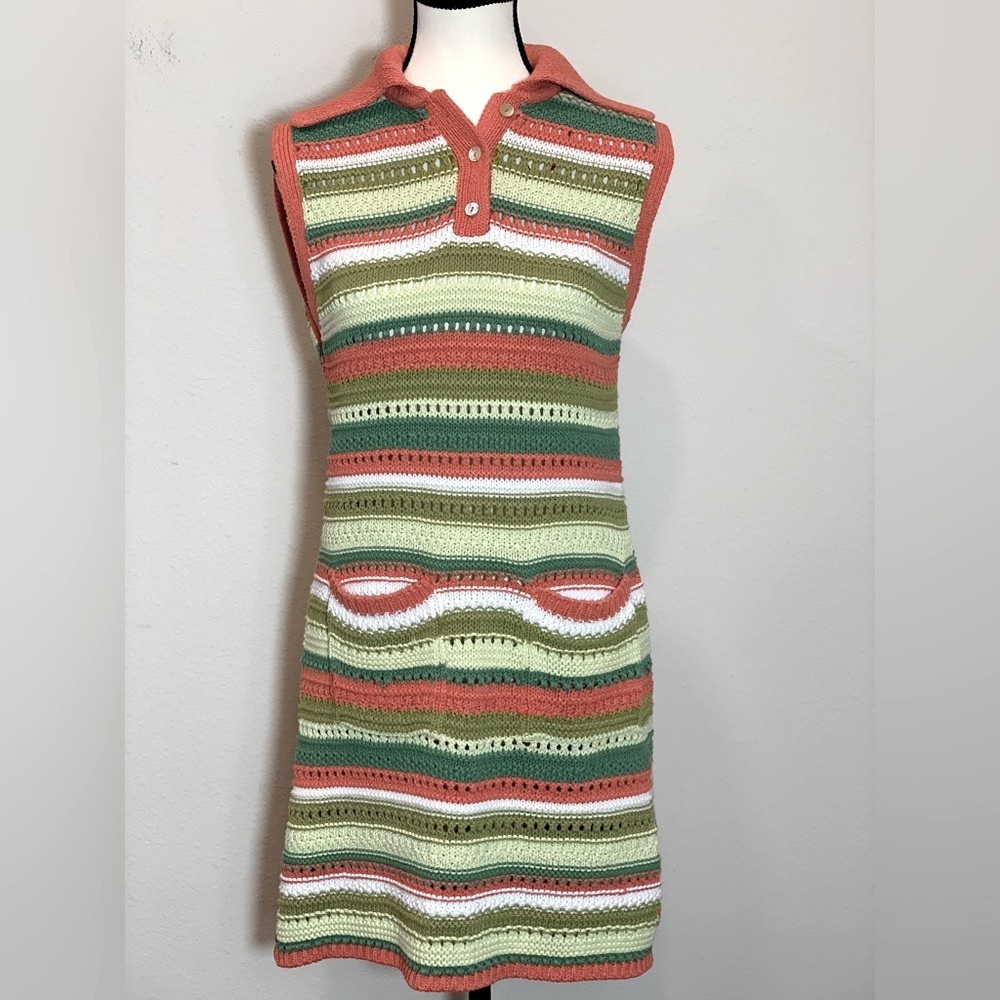 Zara Green Multi-colored Stripe Knit Rib Dress Woman’s Size: Medium cot-blend